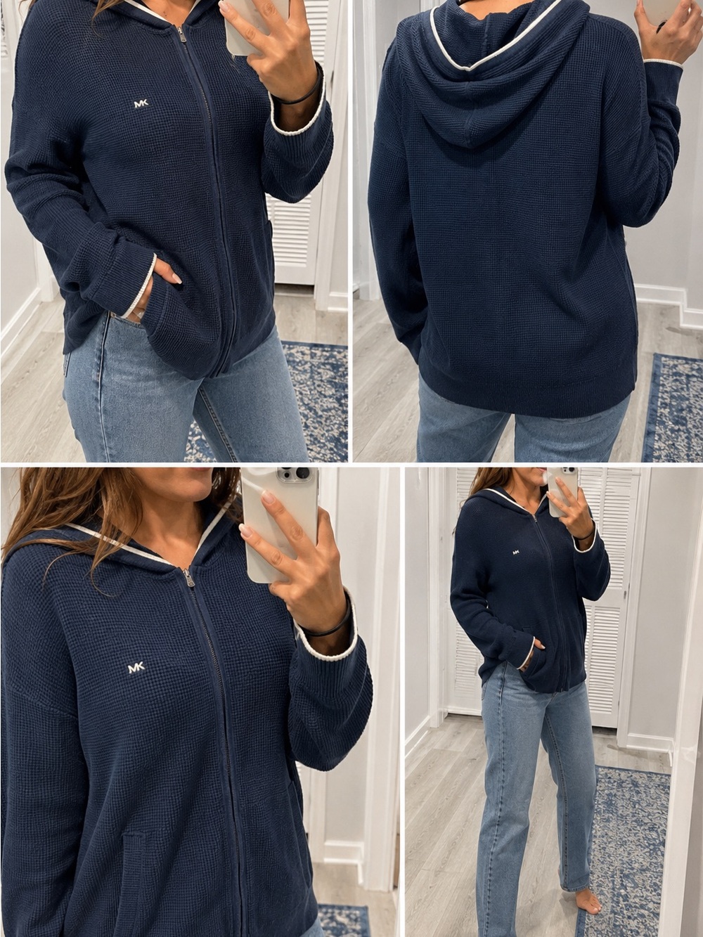 Michael Kors Navy Hooded Zip-Up Waffle Knit Jacket with Contrast Trim